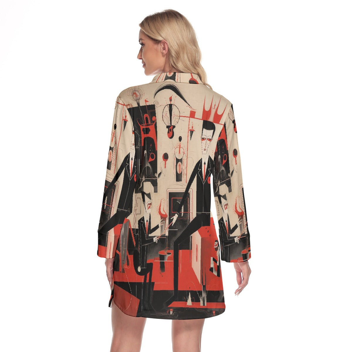 All-Over Print Women's Lapel Shirt Dress With Long Sleeve