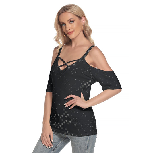 All-Over Print Women's Cold Shoulder T-shirt With Criss Cross Strips