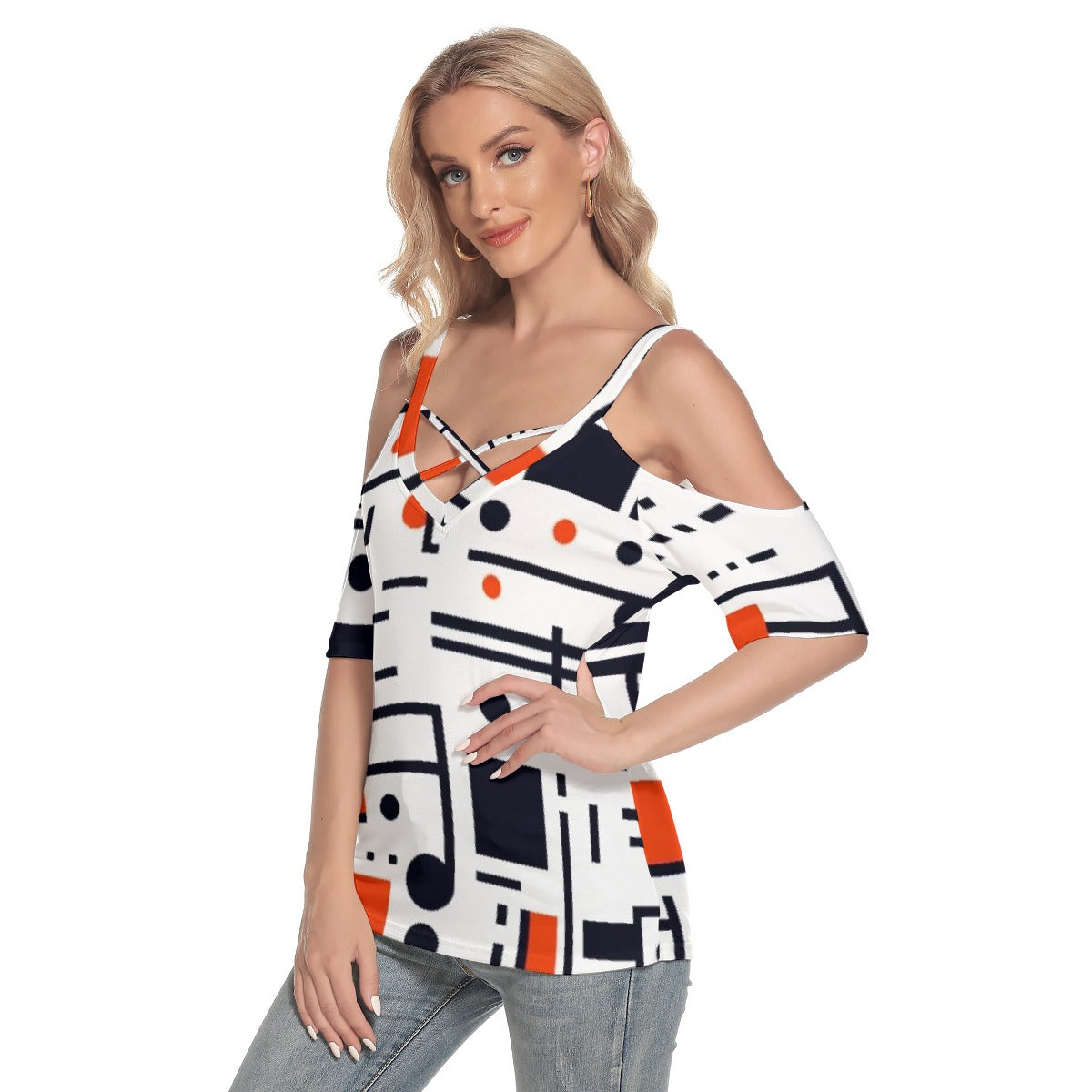 All-Over Print Women's Cold Shoulder T-shirt With Criss Cross Strips