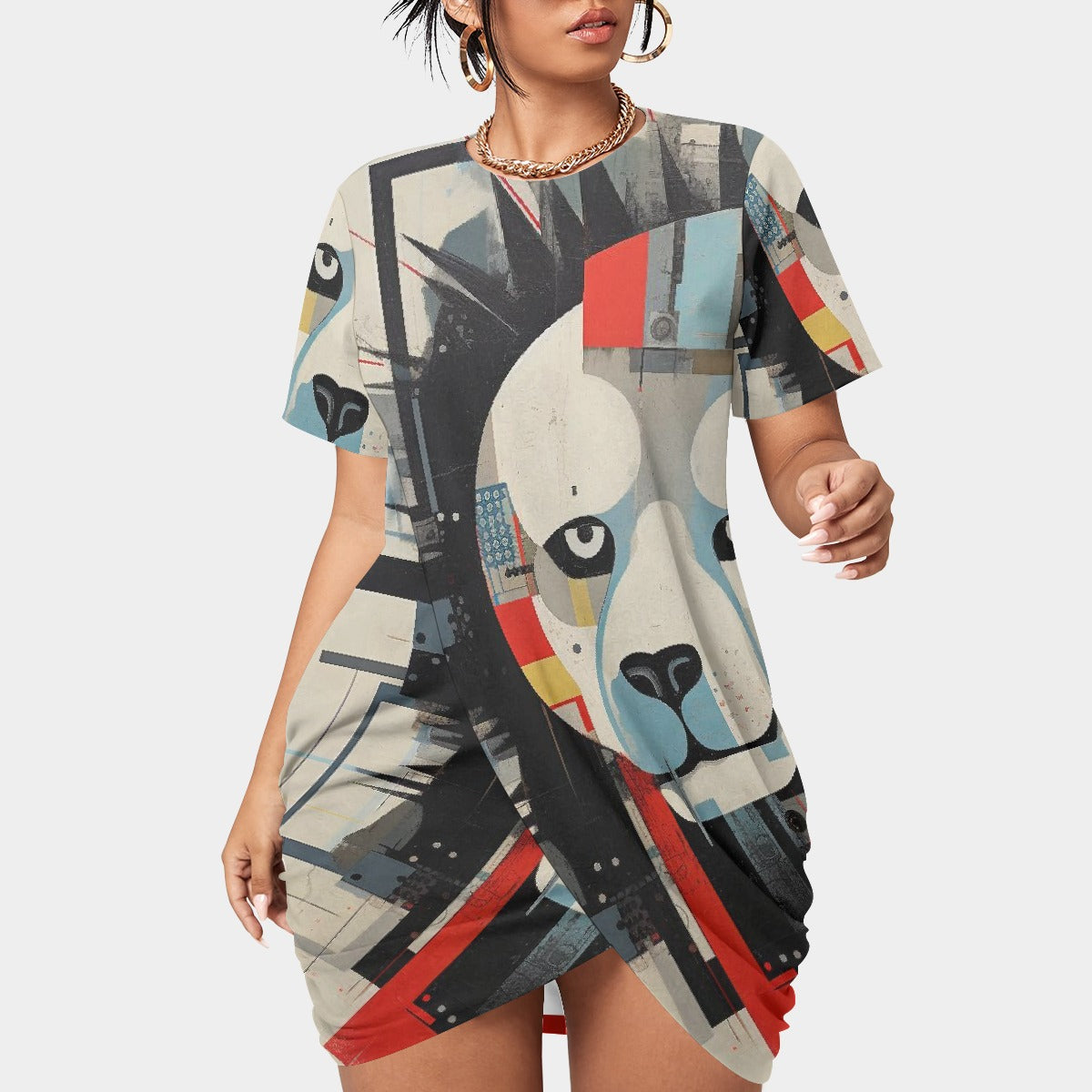 All-Over Print Women’s Stacked Hem Dress With Short Sleeve（Plus Size）