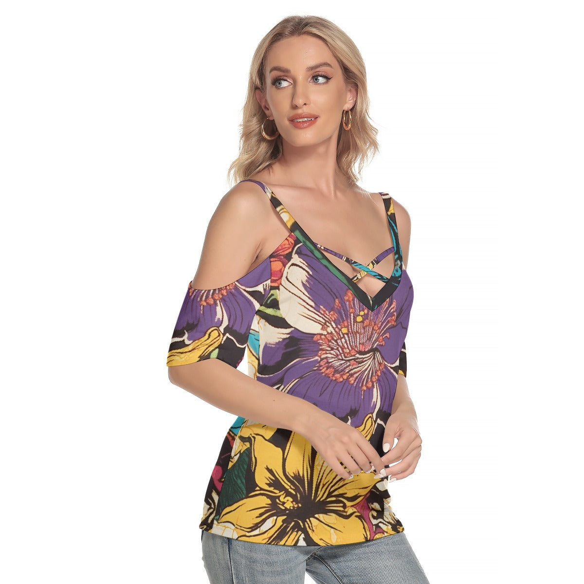 All-Over Print Women's Cold Shoulder T-shirt With Criss Cross Strips