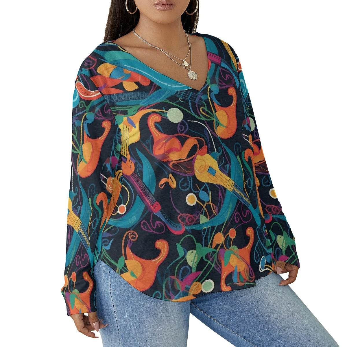 All-Over Print Women's V-neck T-shirt With Curved Hem(Plus Size)