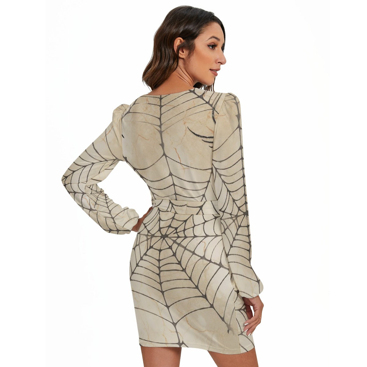 All-Over Print Women's Long Sleeve Dress With Waist Belt