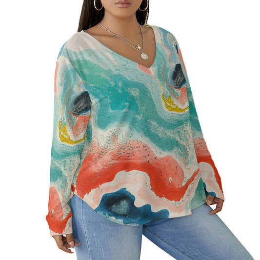 All-Over Print Women's V-neck T-shirt With Curved Hem(Plus Size)