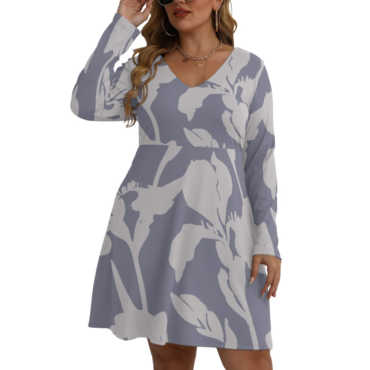 All-Over Print Women's V-neck Long Sleeve Dress(Plus Size)