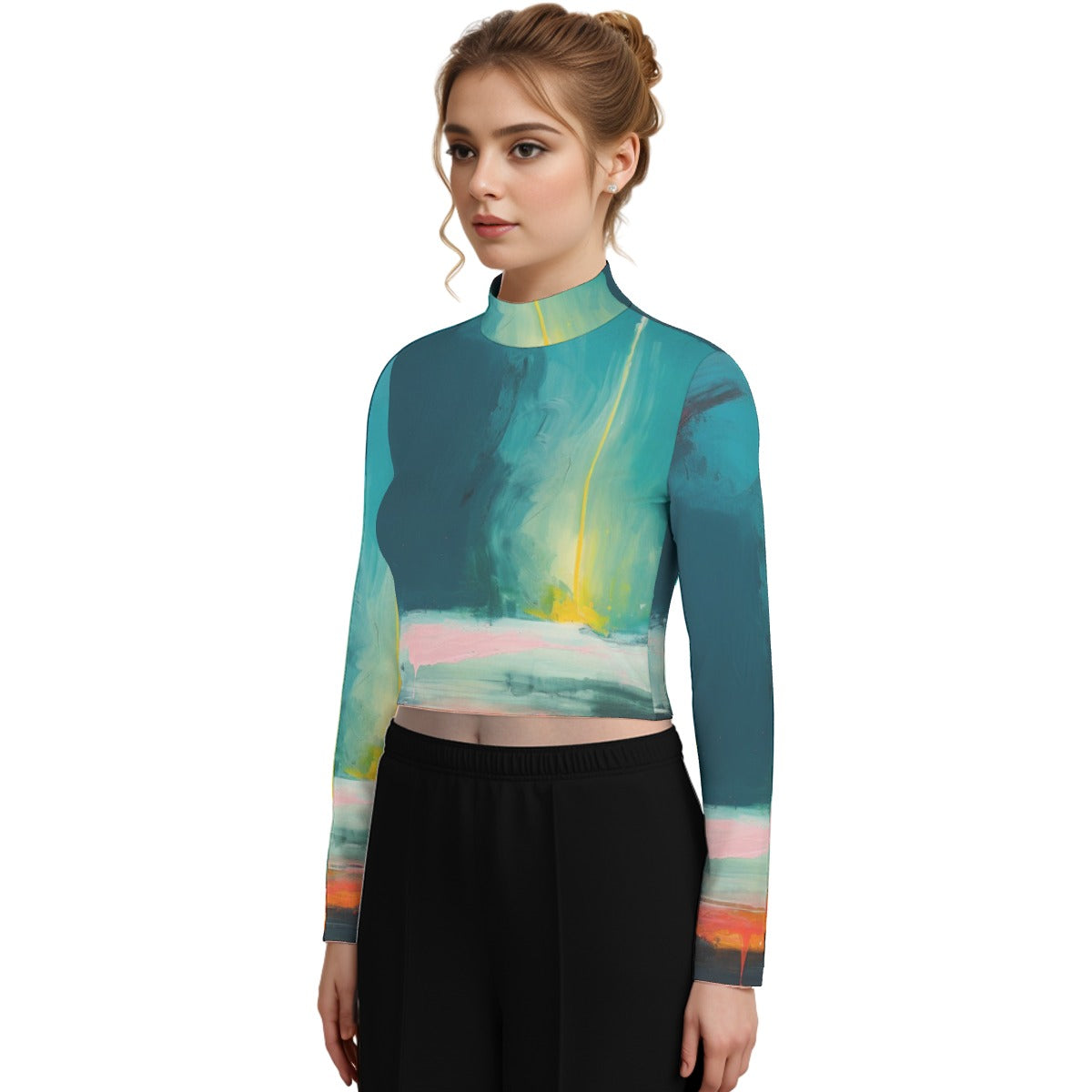 Eco-Friendly All-Over Print Women's Turtleneck T-shirt With Long Sleeve