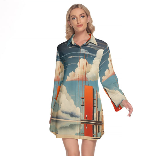 All-Over Print Women's Lapel Shirt Dress With Long Sleeve