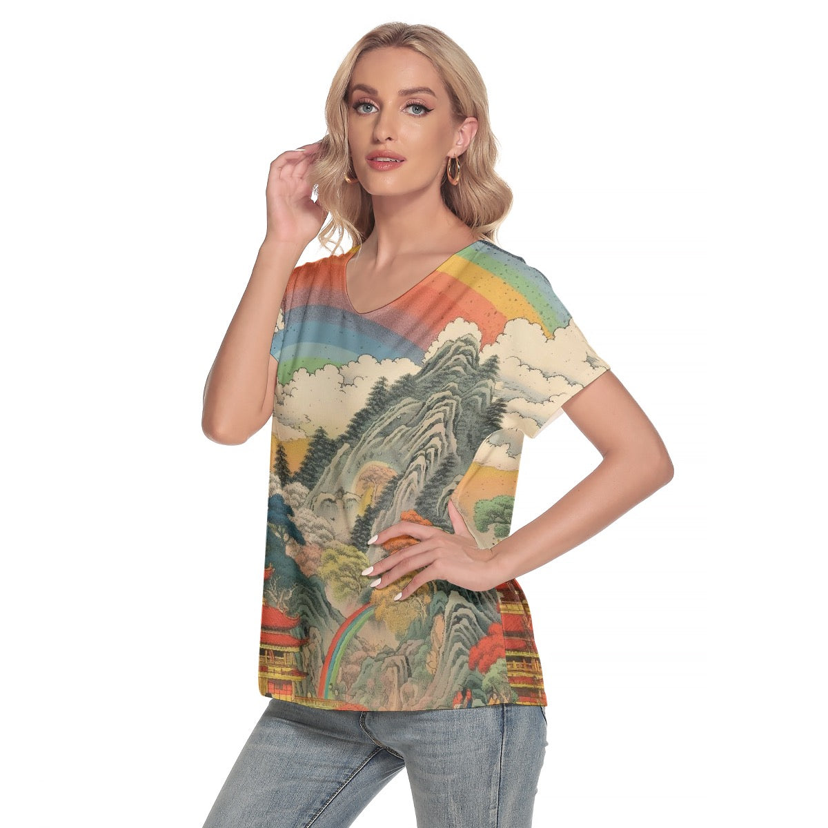 All-Over Print Women's Loose V-neck Short Sleeve T-shirt