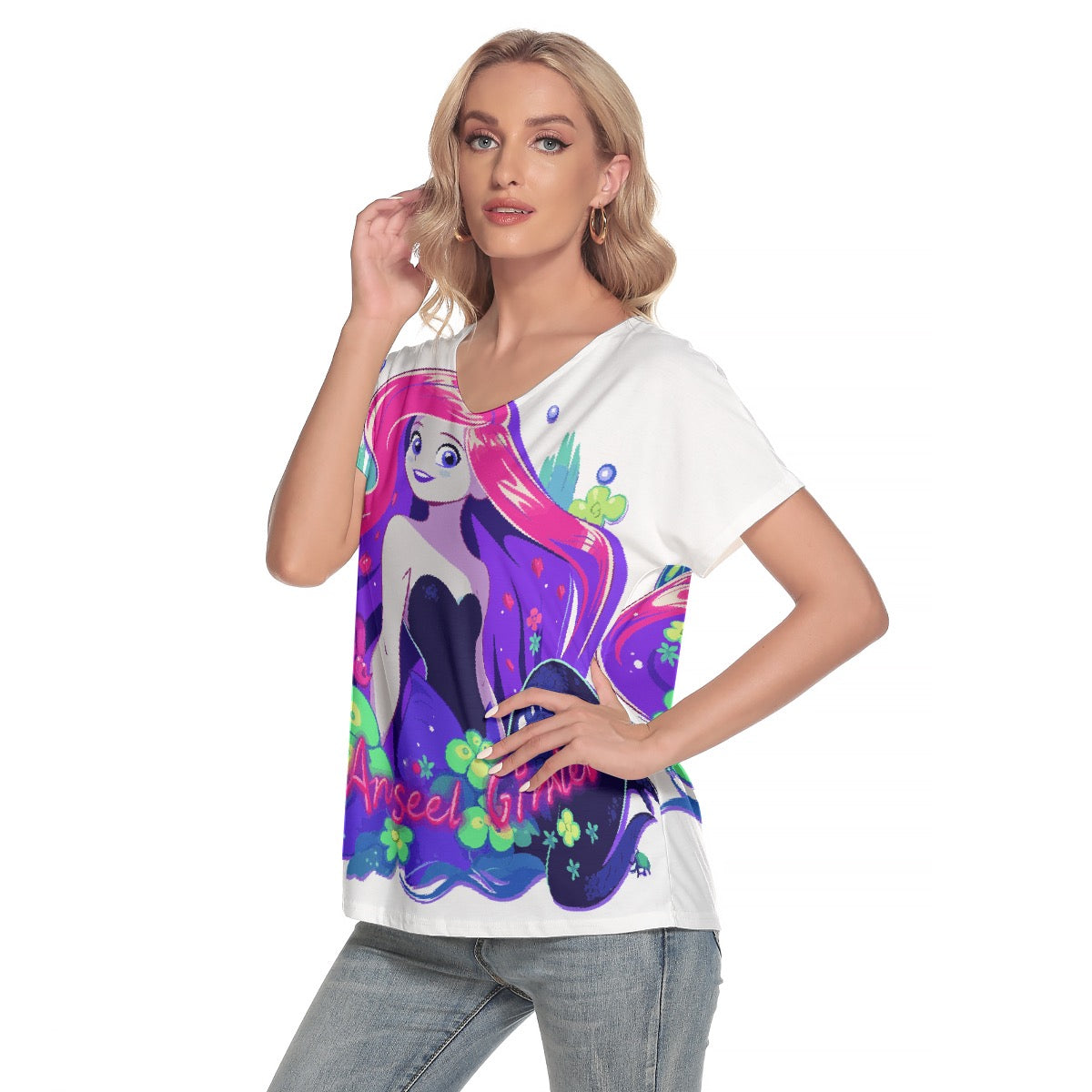 All-Over Print Women's Loose V-neck Short Sleeve T-shirt