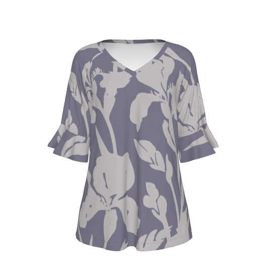 All-Over Print V-neck Women's T-shirt With Bell Sleeve