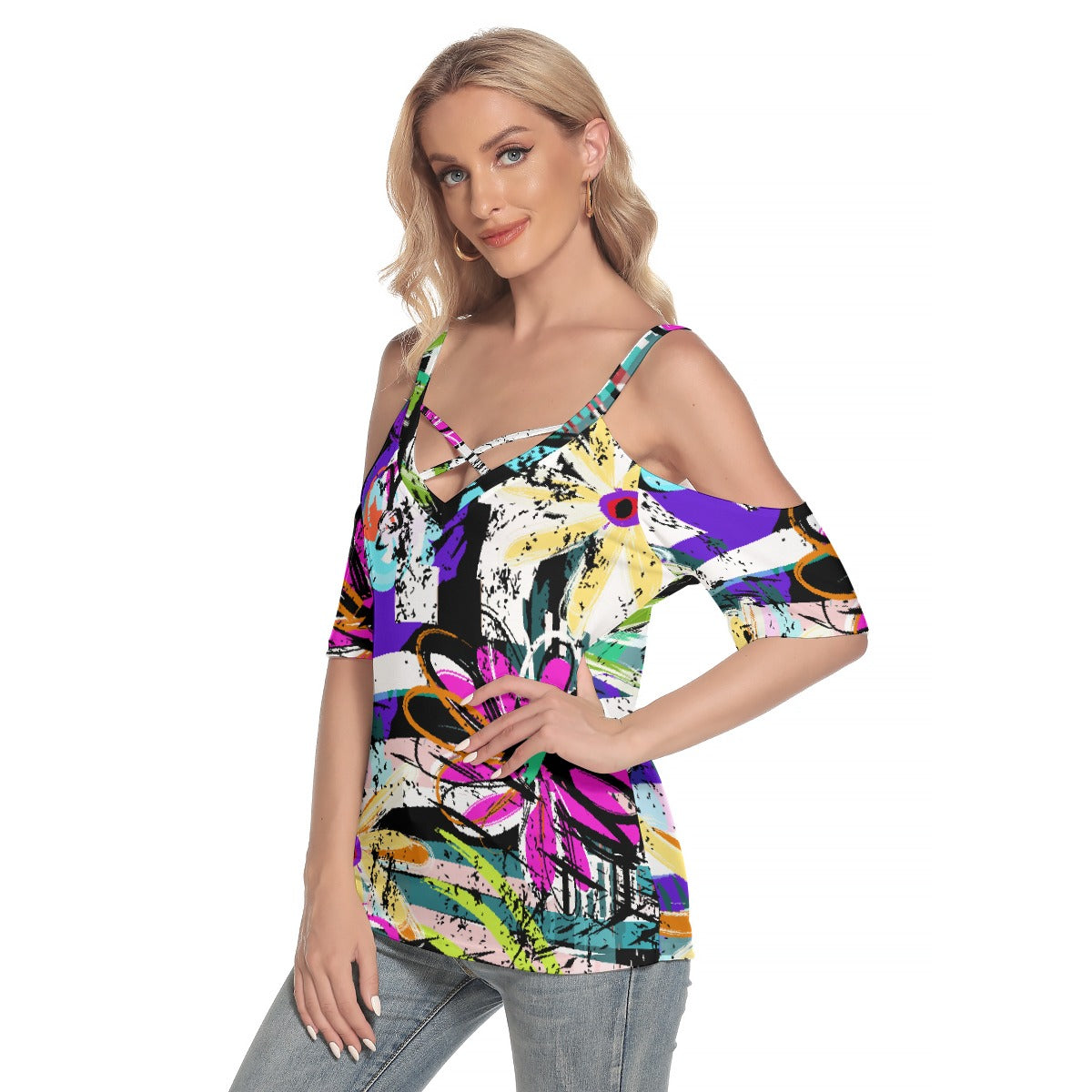 All-Over Print Women's Cold Shoulder T-shirt With Criss Cross Strips