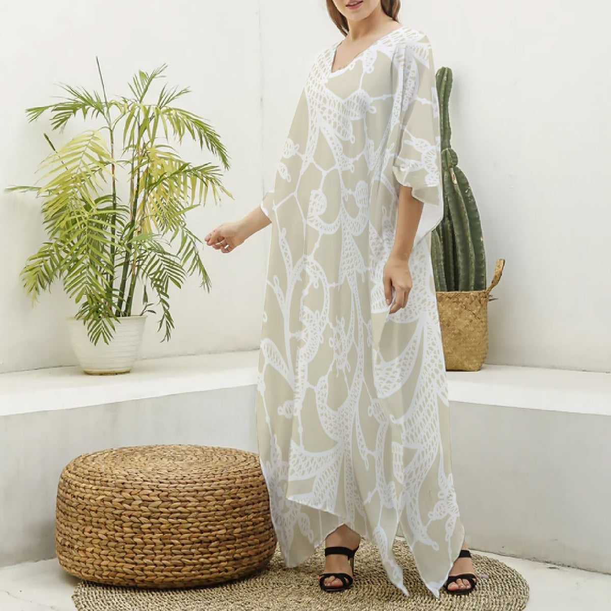 All-Over Print Women's Imitation Silk V-neck Kaftan Robe