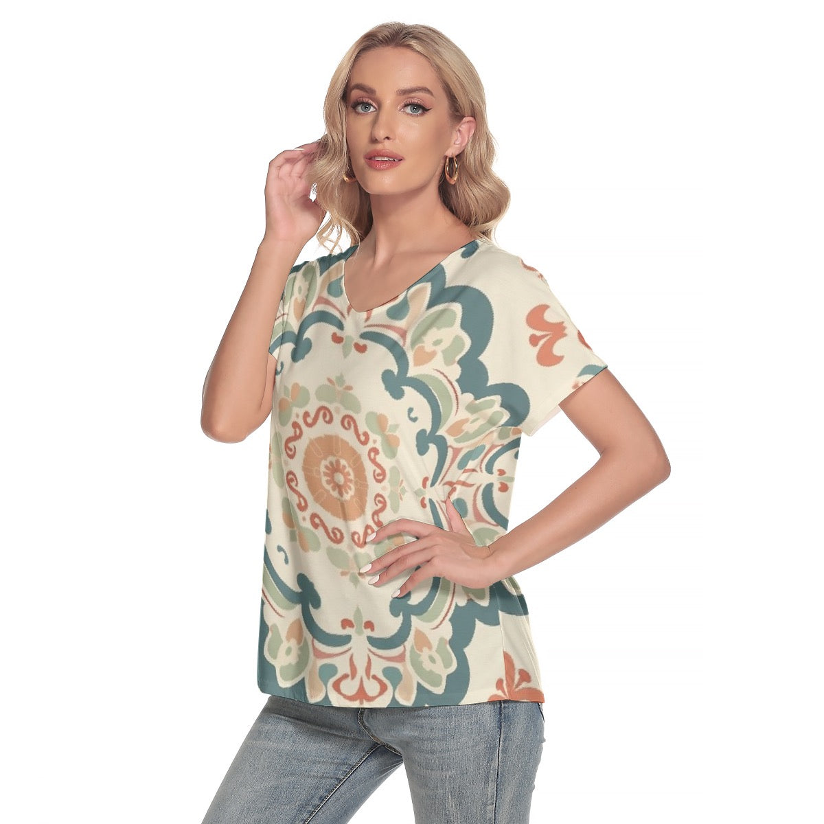 All-Over Print Women's Loose V-neck Short Sleeve T-shirt