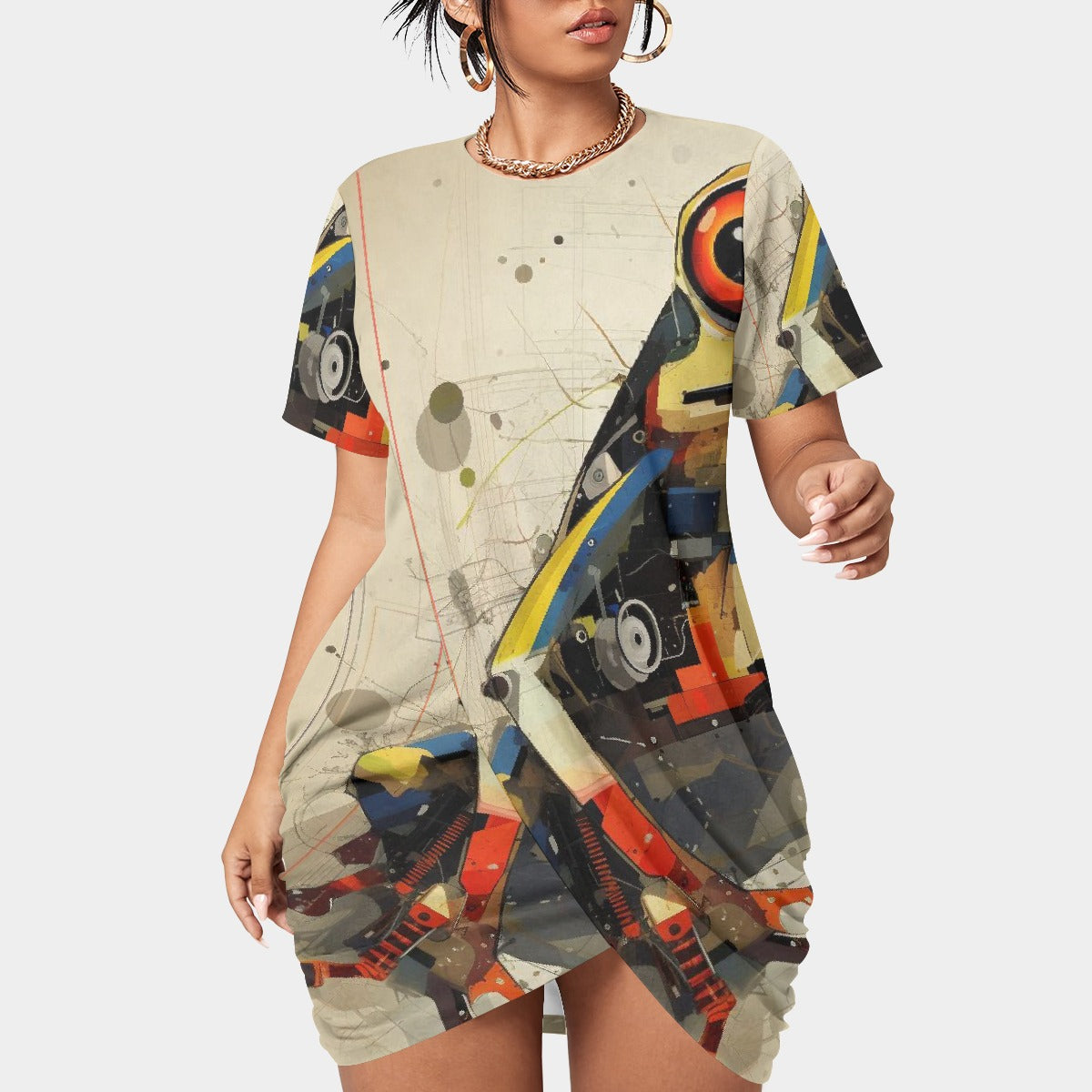 All-Over Print Women’s Stacked Hem Dress With Short Sleeve（Plus Size）