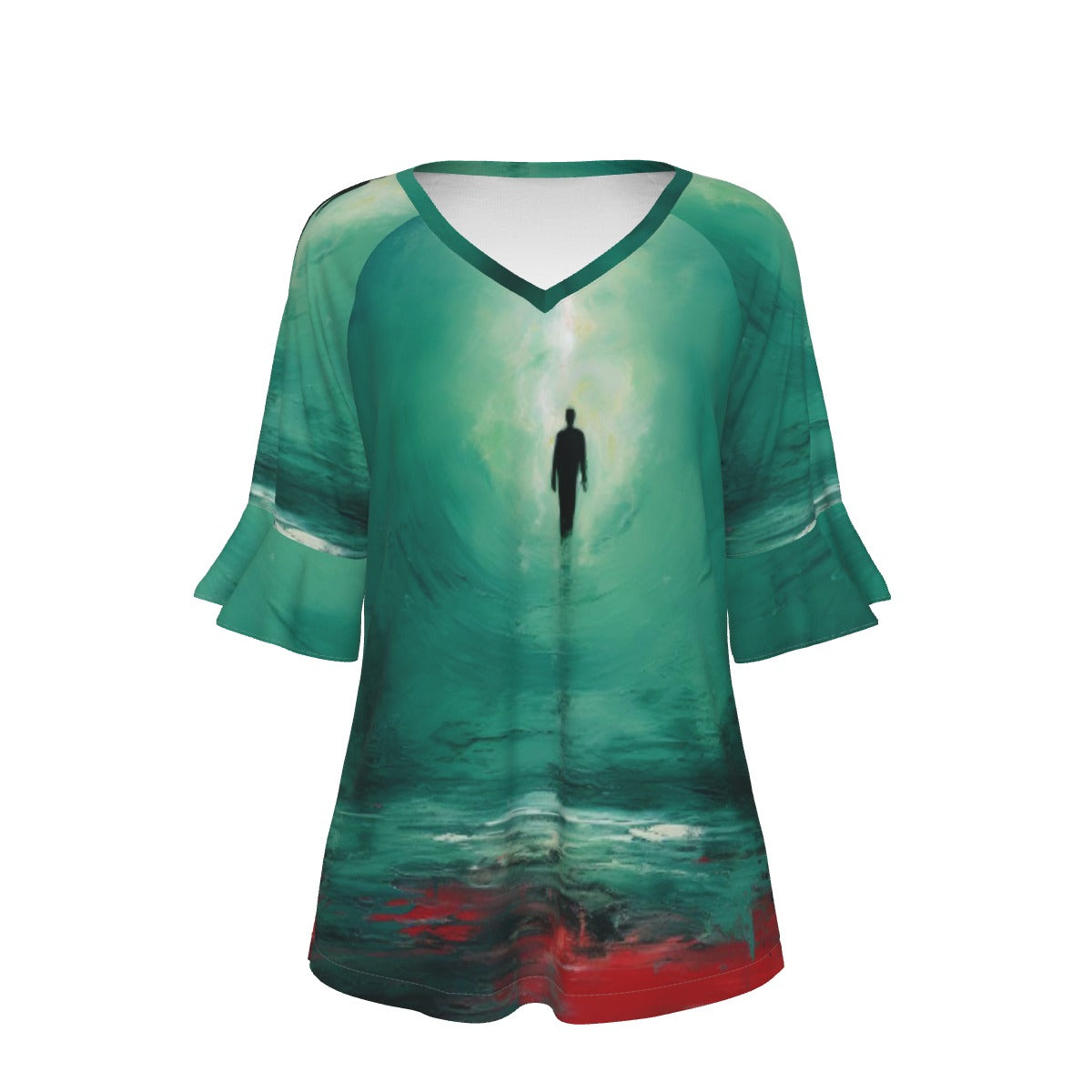 All-Over Print V-neck Women's T-shirt With Bell Sleeve