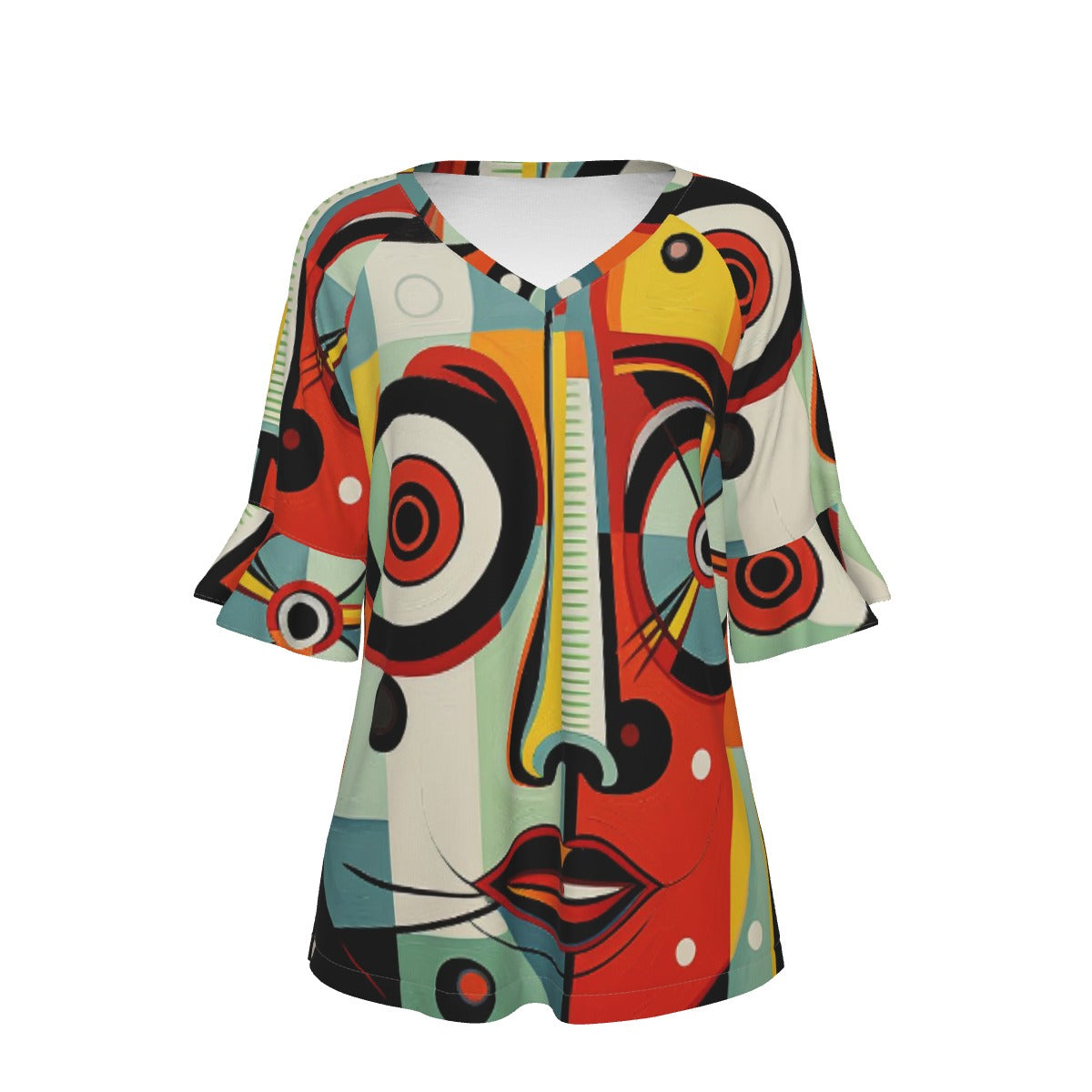 All-Over Print V-neck Women's T-shirt With Bell Sleeve