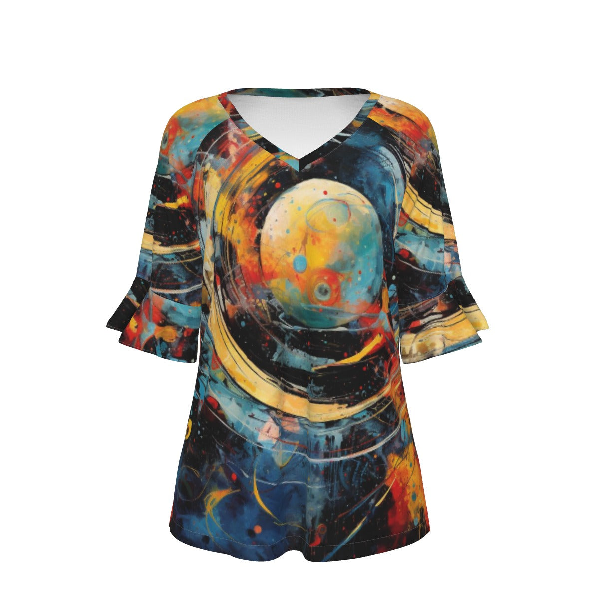 All-Over Print V-neck Women's T-shirt With Bell Sleeve