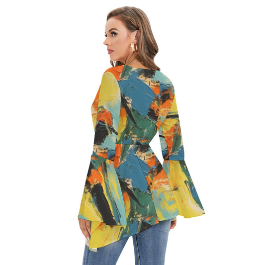 All-Over Print Women's V-neck Blouse With Flared Sleeves