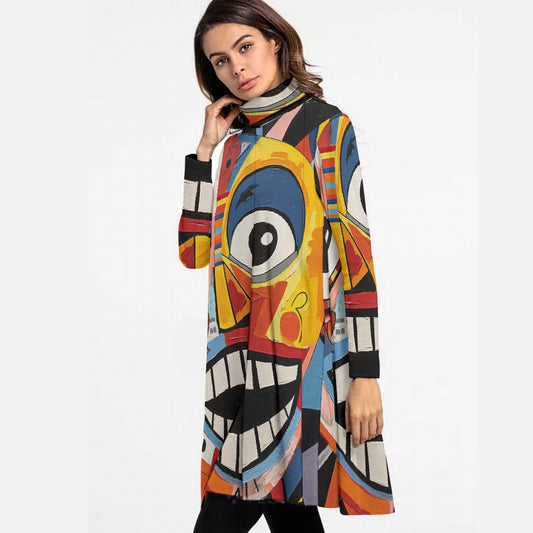 All-Over Print Women's High Neck Dress With Long Sleeve