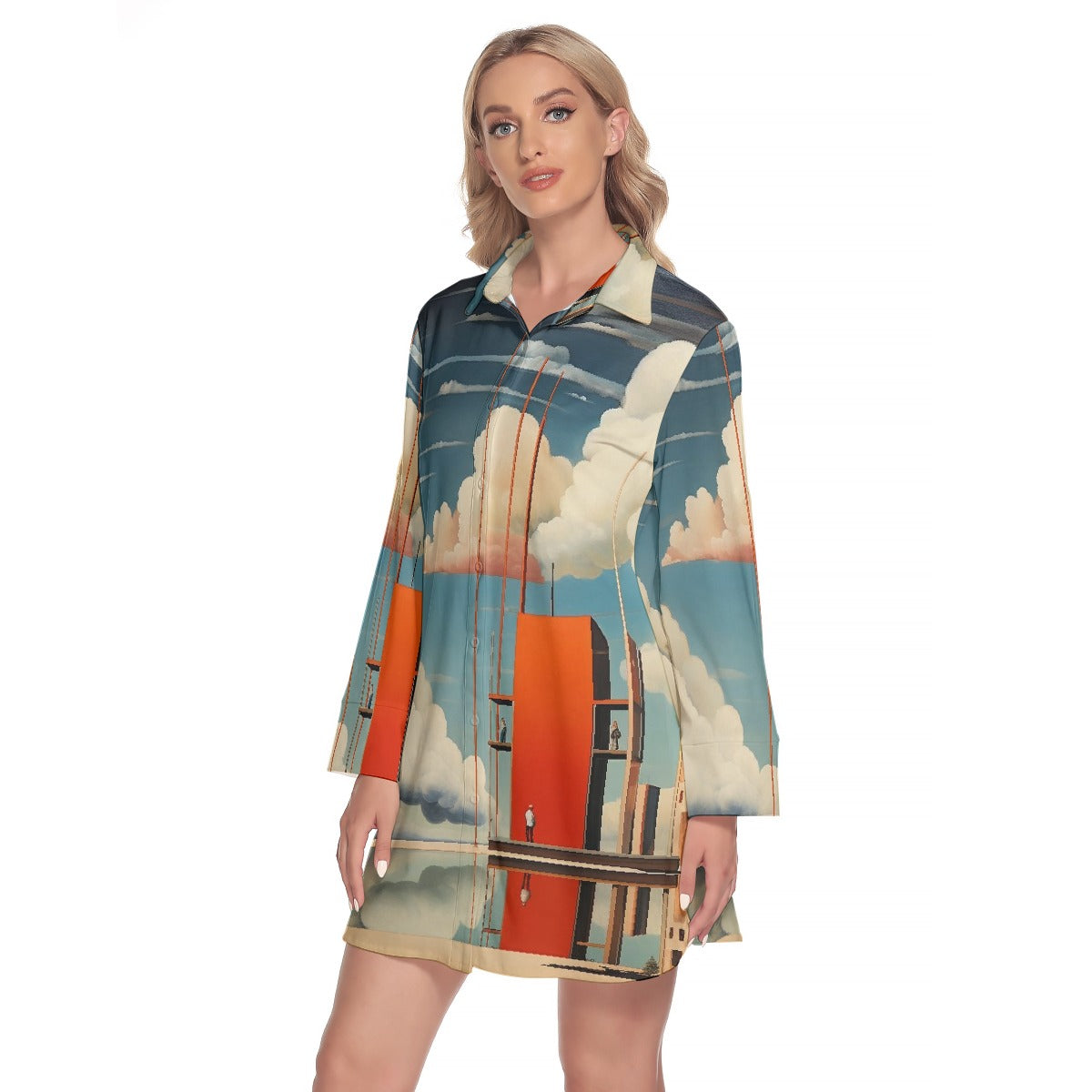 All-Over Print Women's Lapel Shirt Dress With Long Sleeve