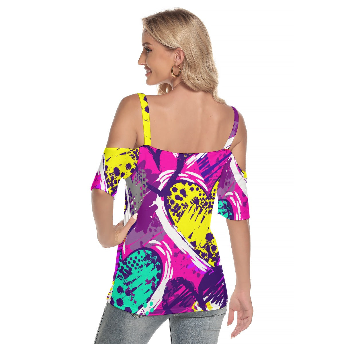 All-Over Print Women's Cold Shoulder T-shirt With Criss Cross Strips