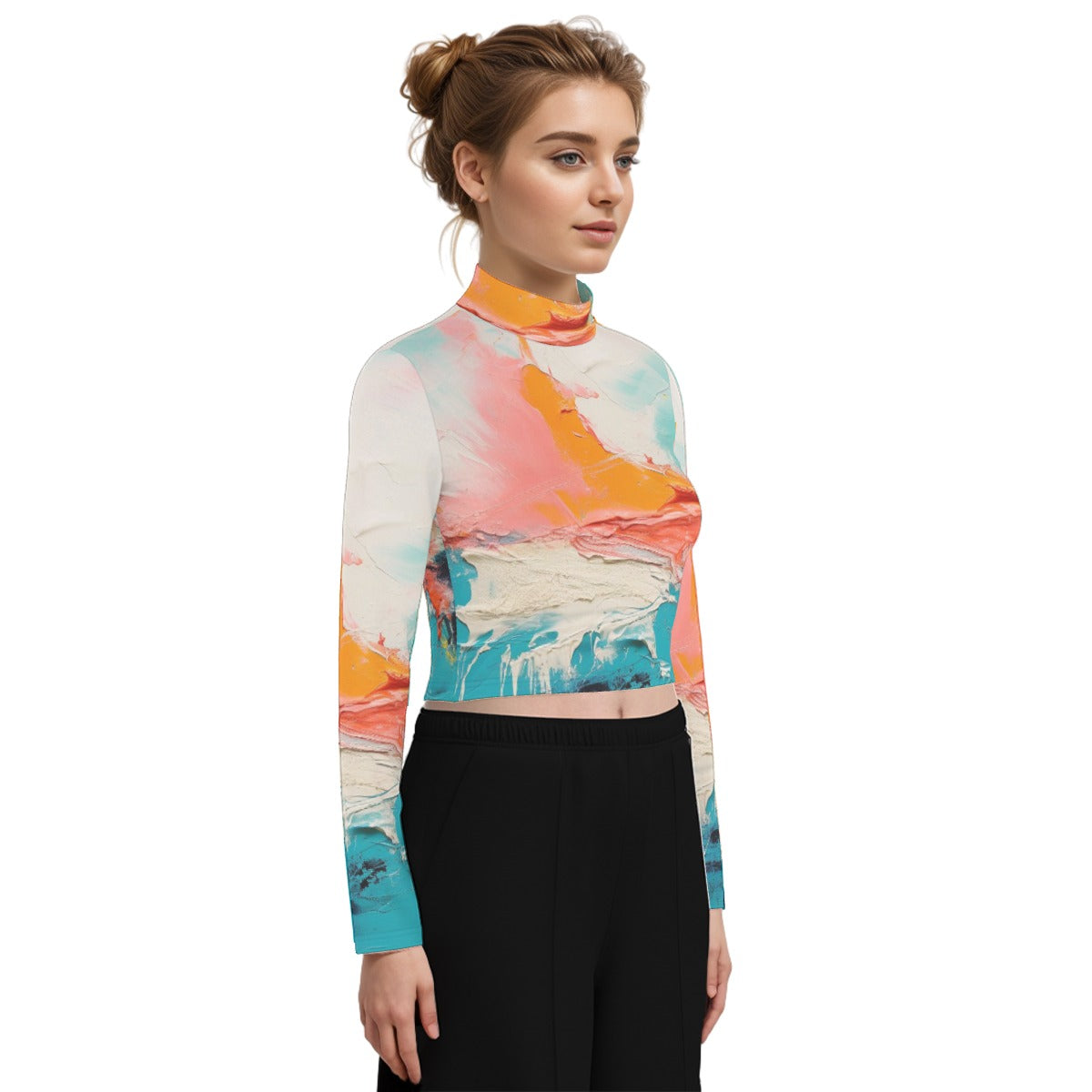 Eco-Friendly All-Over Print Women's Turtleneck T-shirt With Long Sleeve