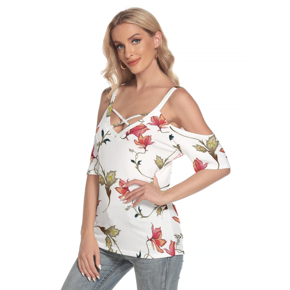 All-Over Print Women's Cold Shoulder T-shirt With Criss Cross Strips