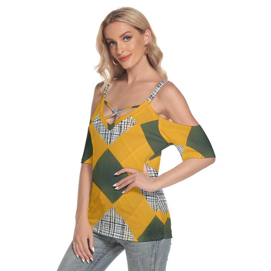 All-Over Print Women's Cold Shoulder T-shirt With Criss Cross Strips