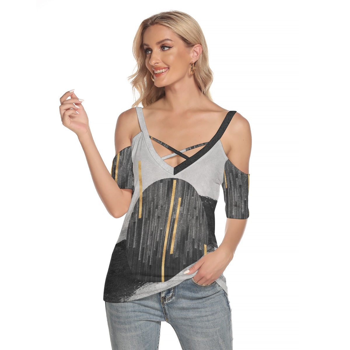 All-Over Print Women's Cold Shoulder T-shirt With Criss Cross Strips