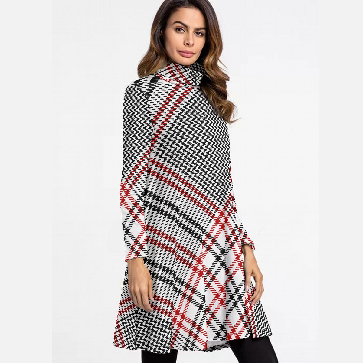 All-Over Print Women's High Neck Dress With Long Sleeve