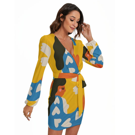 All-Over Print Women's Long Sleeve Dress With Waist Belt