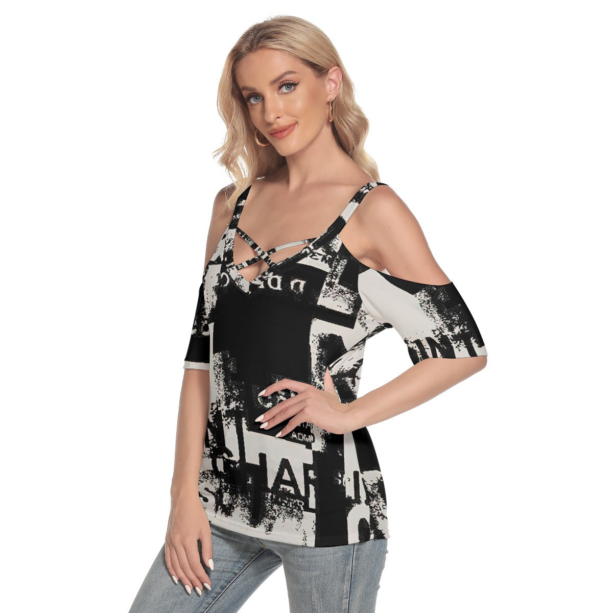 All-Over Print Women's Cold Shoulder T-shirt With Criss Cross Strips