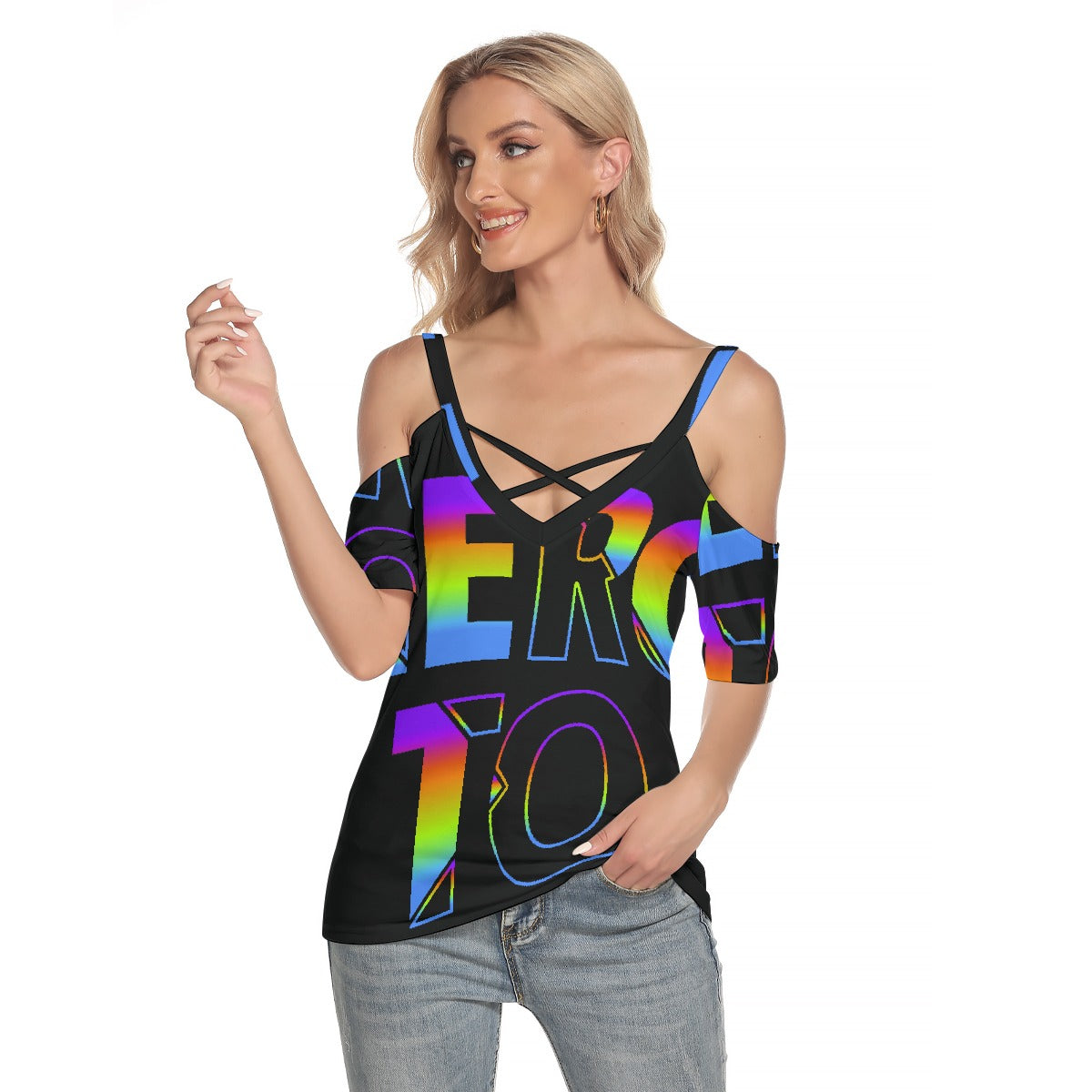 All-Over Print Women's Cold Shoulder T-shirt With Criss Cross Strips