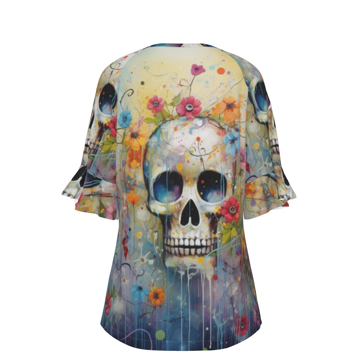 All-Over Print V-neck Women's T-shirt With Bell Sleeve