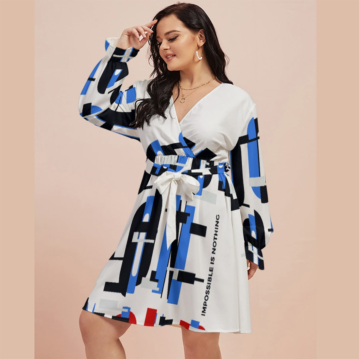 All-Over Print Women's V-neck Dress With Waistband(Plus Size)