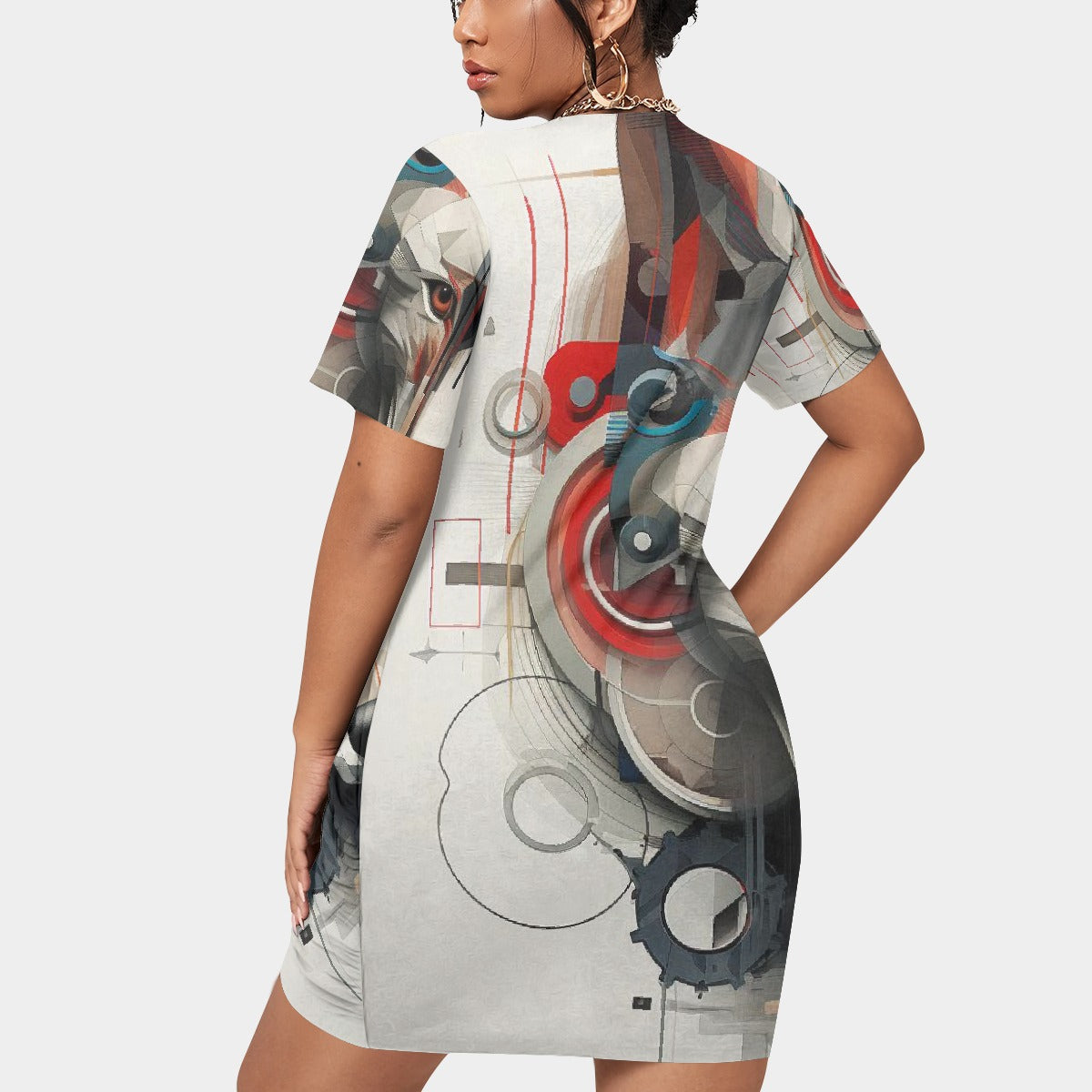 All-Over Print Women’s Stacked Hem Dress With Short Sleeve（Plus Size）