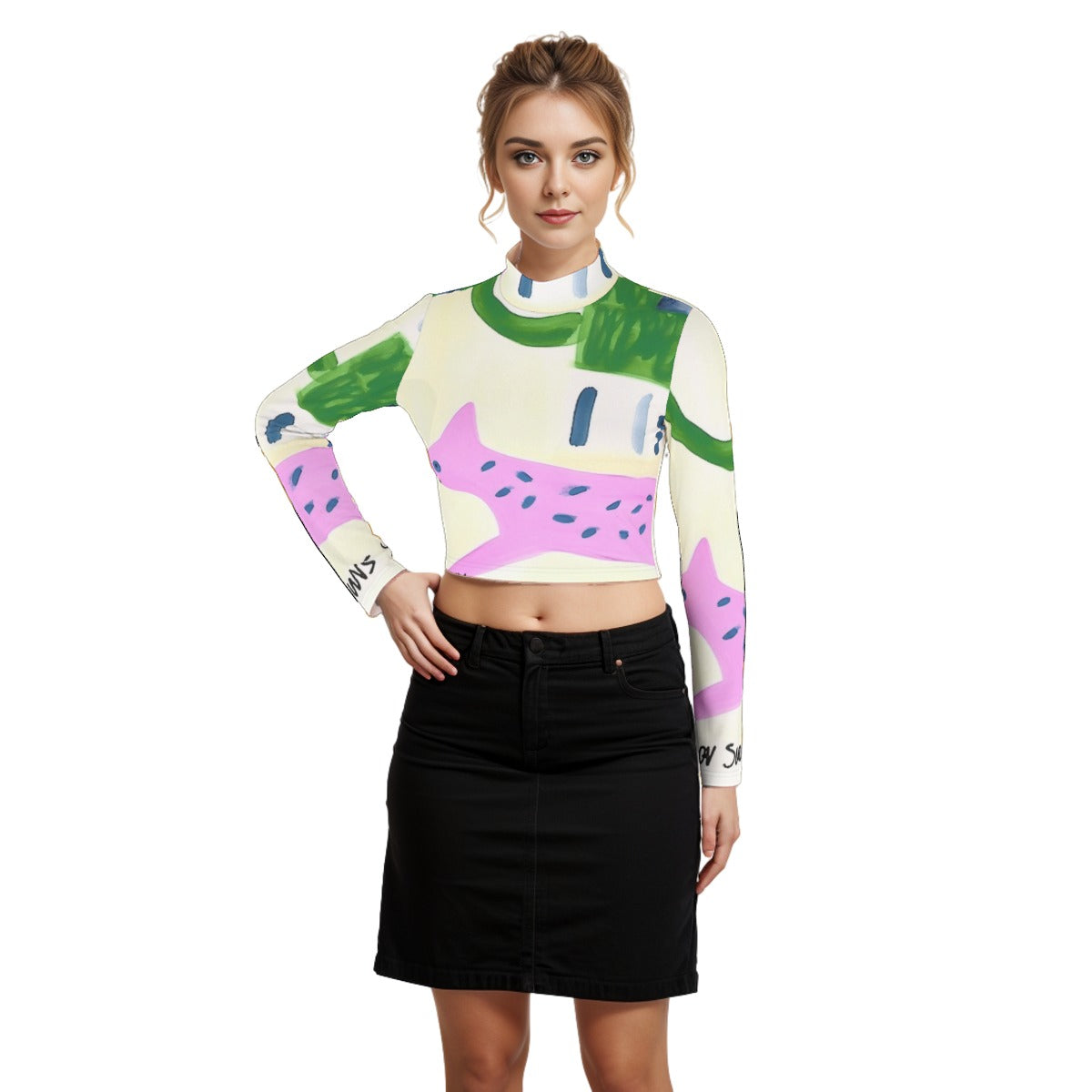 Eco-Friendly All-Over Print Women's Turtleneck T-shirt With Long Sleeve