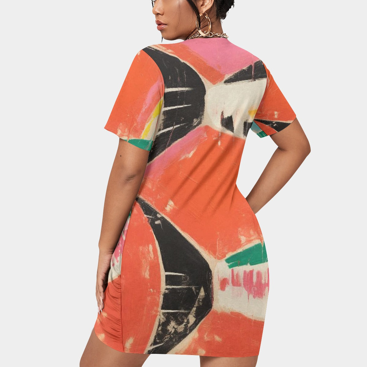 All-Over Print Women’s Stacked Hem Dress With Short Sleeve（Plus Size）