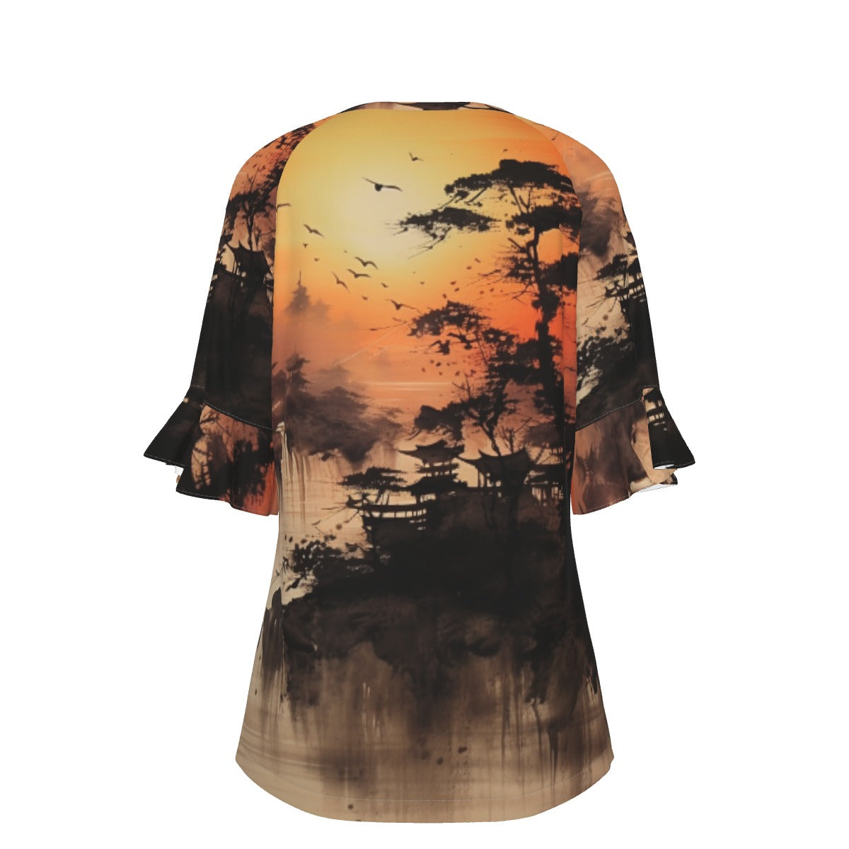 All-Over Print V-neck Women's T-shirt With Bell Sleeve