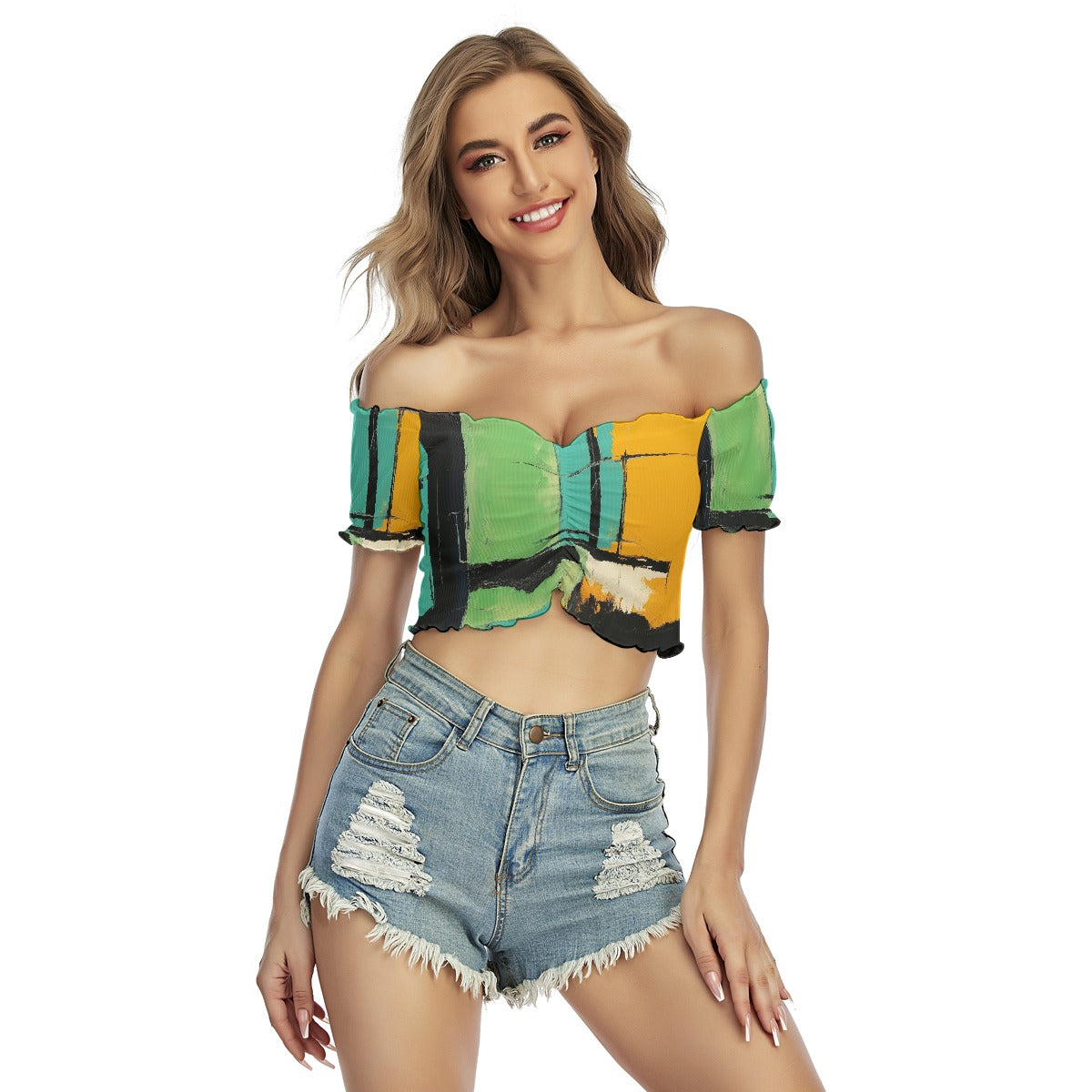 All-Over Print Women's One-shoulder Off-the-navel Short Sleeve T-shirt