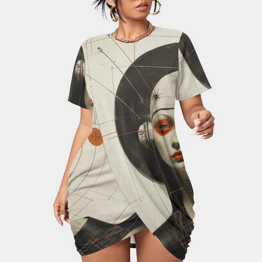 All-Over Print Women’s Stacked Hem Dress With Short Sleeve（Plus Size）