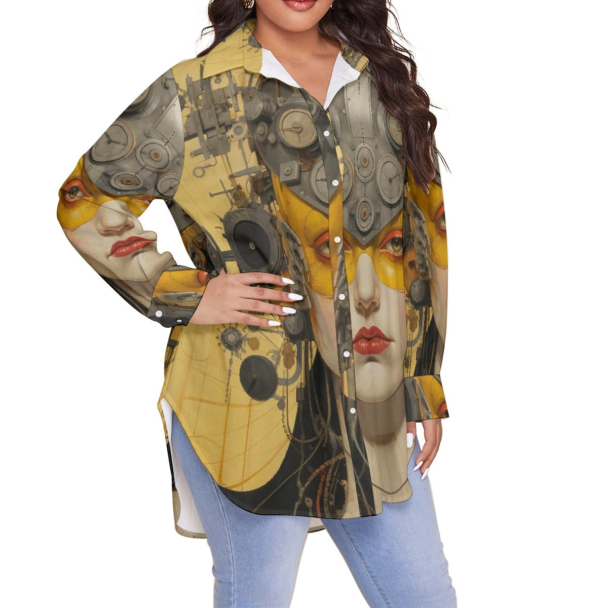 All-Over Print Women's Shirt With Long Sleeve(Plus Size)