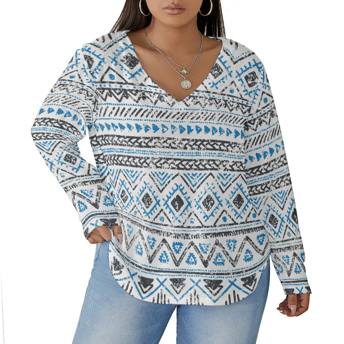 All-Over Print Women's V-neck T-shirt With Curved Hem(Plus Size)