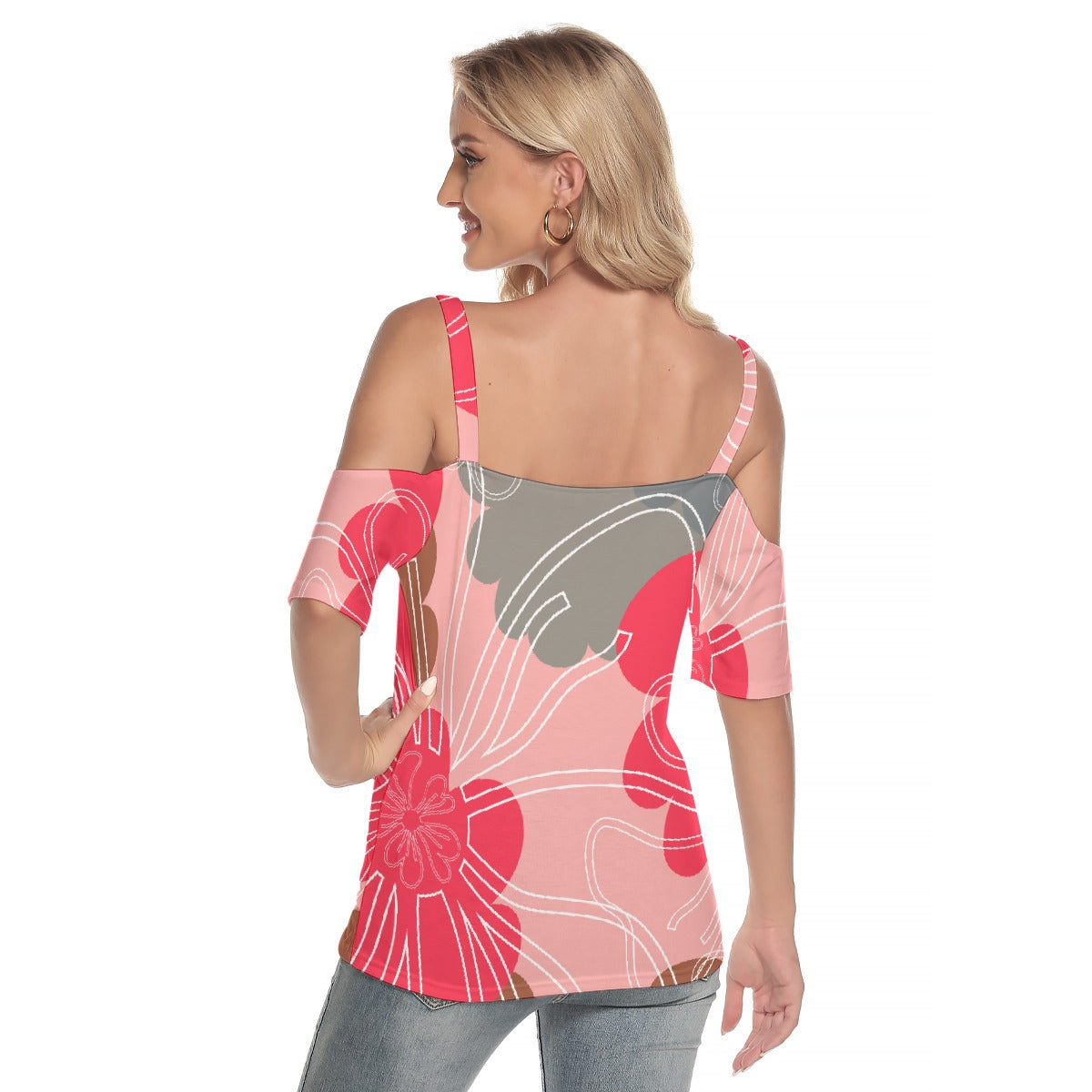 All-Over Print Women's Cold Shoulder T-shirt With Criss Cross Strips