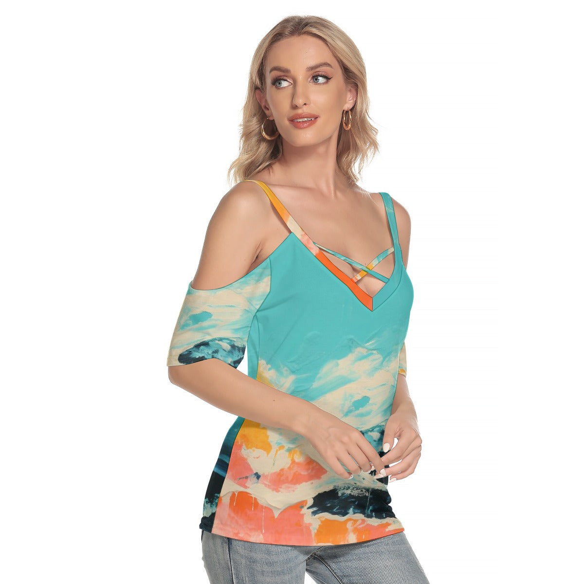 All-Over Print Women's Cold Shoulder T-shirt With Criss Cross Strips