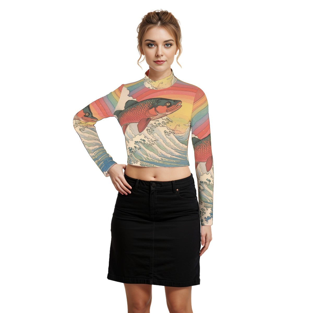 Eco-Friendly All-Over Print Women's Turtleneck T-shirt With Long Sleeve