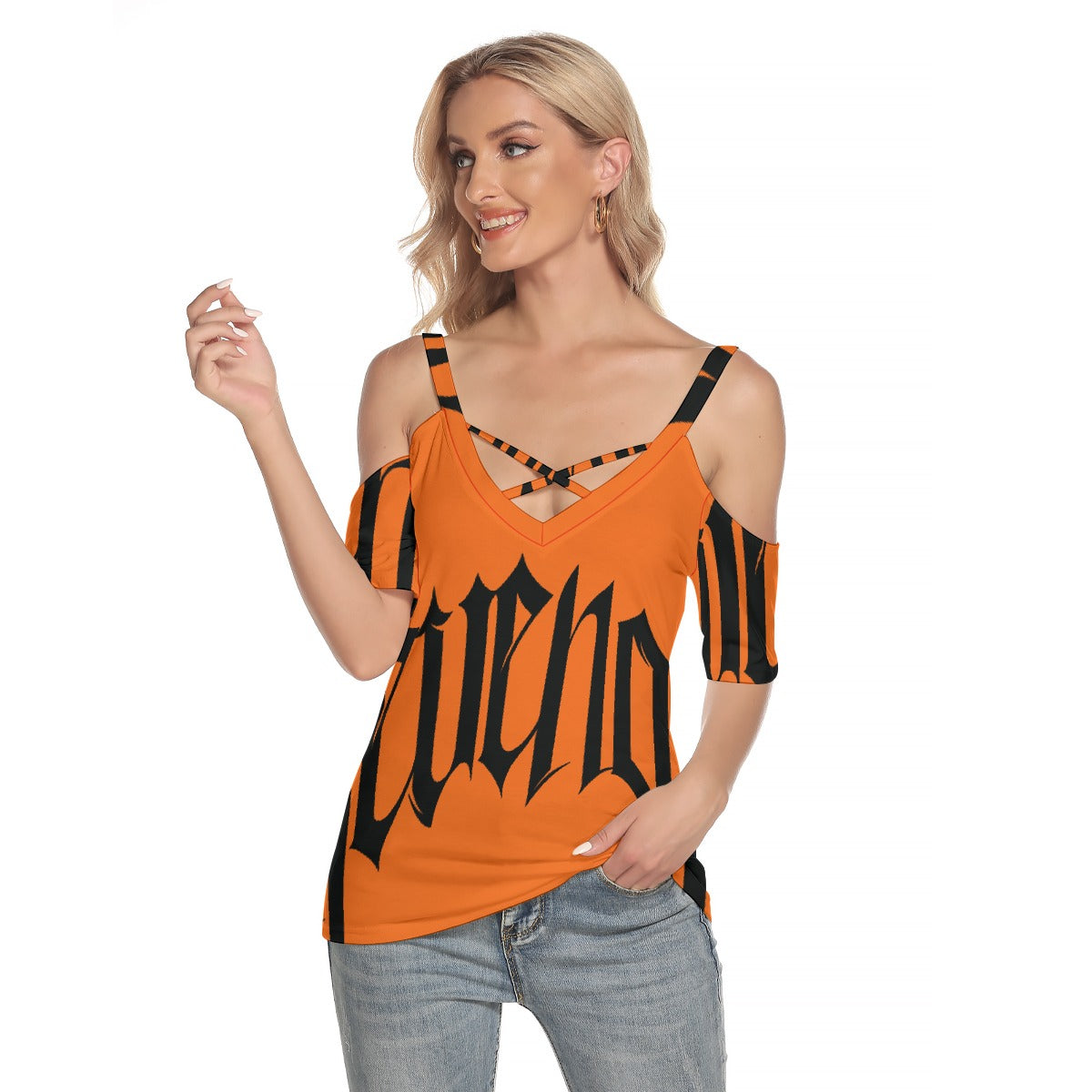 All-Over Print Women's Cold Shoulder T-shirt With Criss Cross Strips