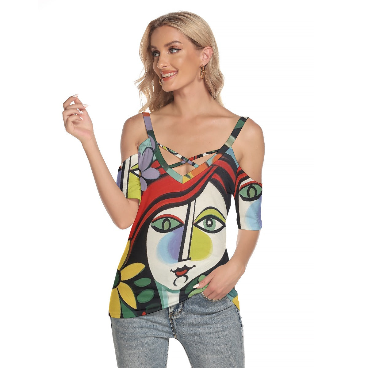 All-Over Print Women's Cold Shoulder T-shirt With Criss Cross Strips