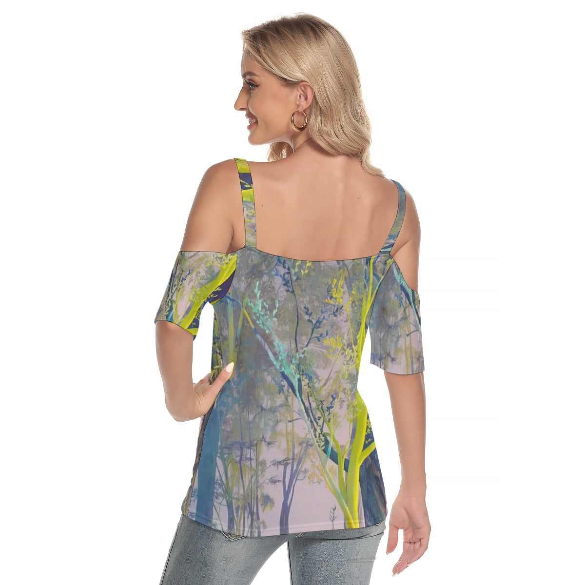 All-Over Print Women's Cold Shoulder T-shirt With Criss Cross Strips