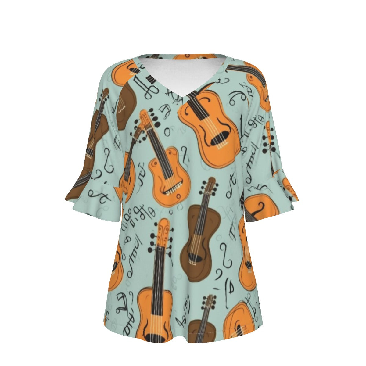 All-Over Print V-neck Women's T-shirt With Bell Sleeve